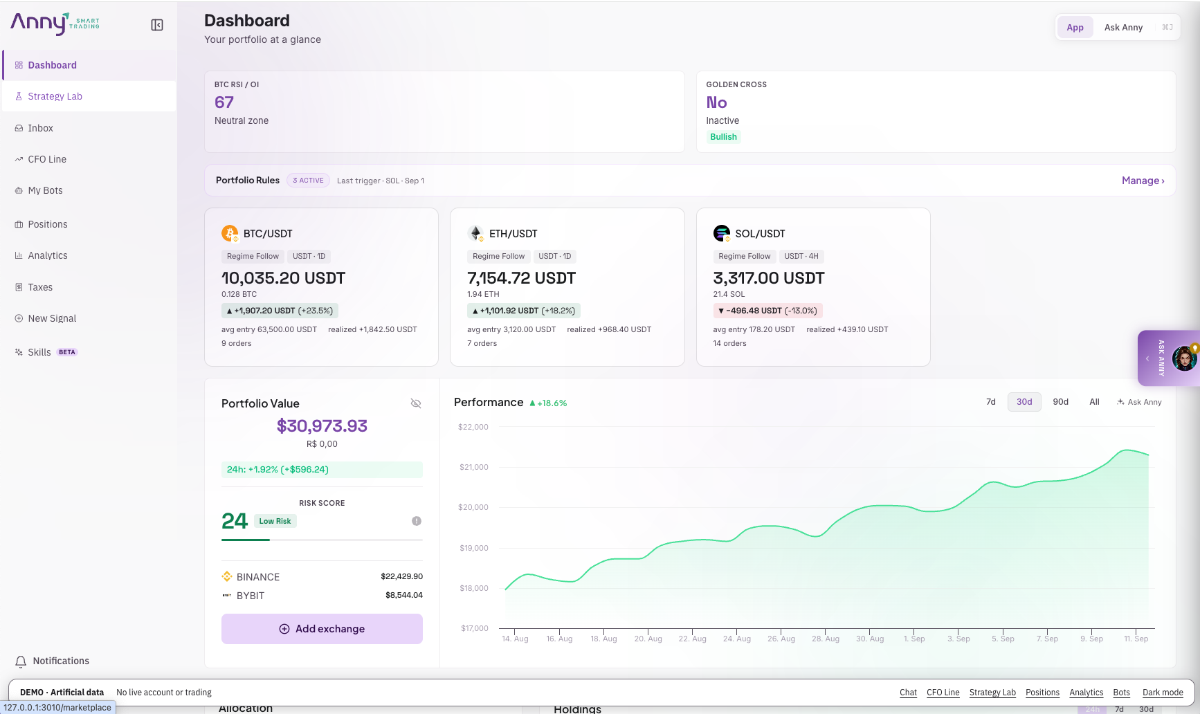 Portfolio analysis in the Anny desktop workspace — demo with artificial data
